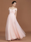 A-Line/Princess Short Sleeves Lace Spaghetti Straps Ruched Sweetheart Floor-Length Tulle Bridesmaid Dresses Evening Prom Dress