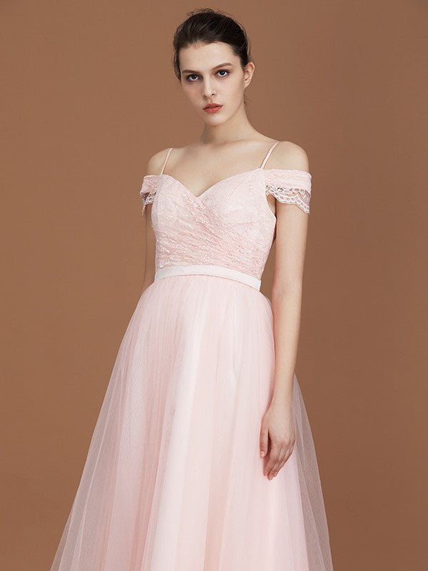 A-Line/Princess Short Sleeves Lace Spaghetti Straps Ruched Sweetheart Floor-Length Tulle Bridesmaid Dresses Evening Prom Dress