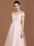 A-Line/Princess Short Sleeves Lace Spaghetti Straps Ruched Sweetheart Floor-Length Tulle Bridesmaid Dresses Evening Prom Dress