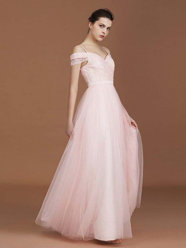 A-Line/Princess Short Sleeves Lace Spaghetti Straps Ruched Sweetheart Floor-Length Tulle Bridesmaid Dresses Evening Prom Dress