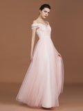 A-Line/Princess Short Sleeves Lace Spaghetti Straps Ruched Sweetheart Floor-Length Tulle Bridesmaid Dresses Evening Prom Dress