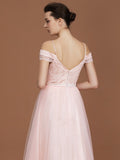 A-Line/Princess Short Sleeves Lace Spaghetti Straps Ruched Sweetheart Floor-Length Tulle Bridesmaid Dresses Evening Prom Dress