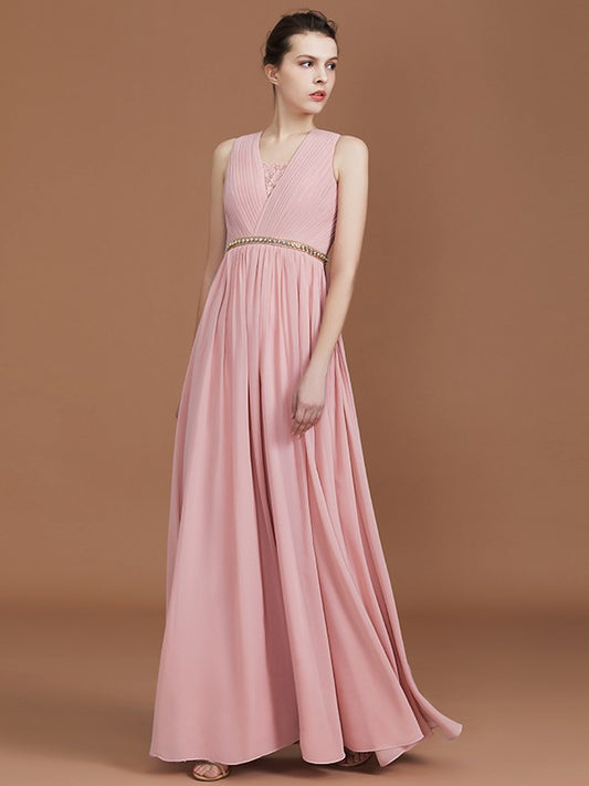 A-Line/Princess Lace Sleeveless Floor-Length Chiffon Ruched V-neck Bridesmaid Dresses Evening Prom Dress