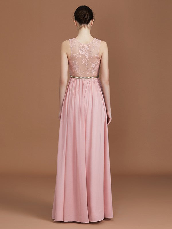 A-Line/Princess Lace Sleeveless Floor-Length Chiffon Ruched V-neck Bridesmaid Dresses Evening Prom Dress