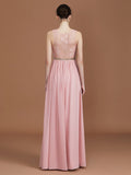A-Line/Princess Lace Sleeveless Floor-Length Chiffon Ruched V-neck Bridesmaid Dresses Evening Prom Dress