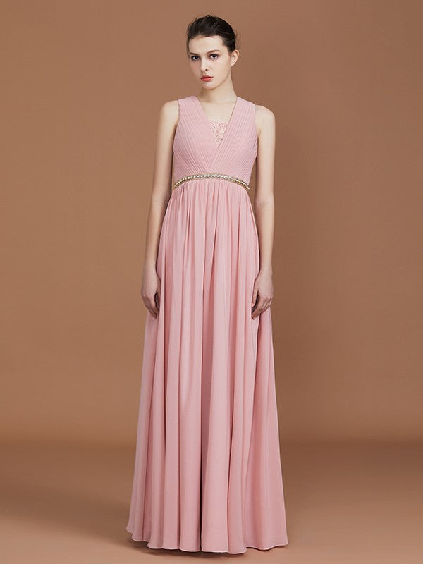 A-Line/Princess Lace Sleeveless Floor-Length Chiffon Ruched V-neck Bridesmaid Dresses Evening Prom Dress