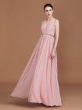 A-Line/Princess Lace Sleeveless Floor-Length Chiffon Ruched V-neck Bridesmaid Dresses Evening Prom Dress