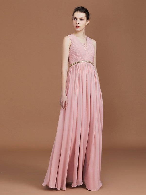 A-Line/Princess Lace Sleeveless Floor-Length Chiffon Ruched V-neck Bridesmaid Dresses Evening Prom Dress