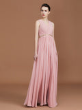 A-Line/Princess Lace Sleeveless Floor-Length Chiffon Ruched V-neck Bridesmaid Dresses Evening Prom Dress