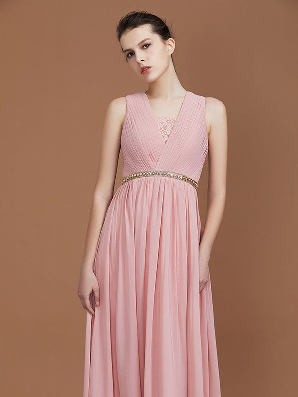 A-Line/Princess Lace Sleeveless Floor-Length Chiffon Ruched V-neck Bridesmaid Dresses Evening Prom Dress