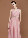 A-Line/Princess Lace Sleeveless Floor-Length Chiffon Ruched V-neck Bridesmaid Dresses Evening Prom Dress