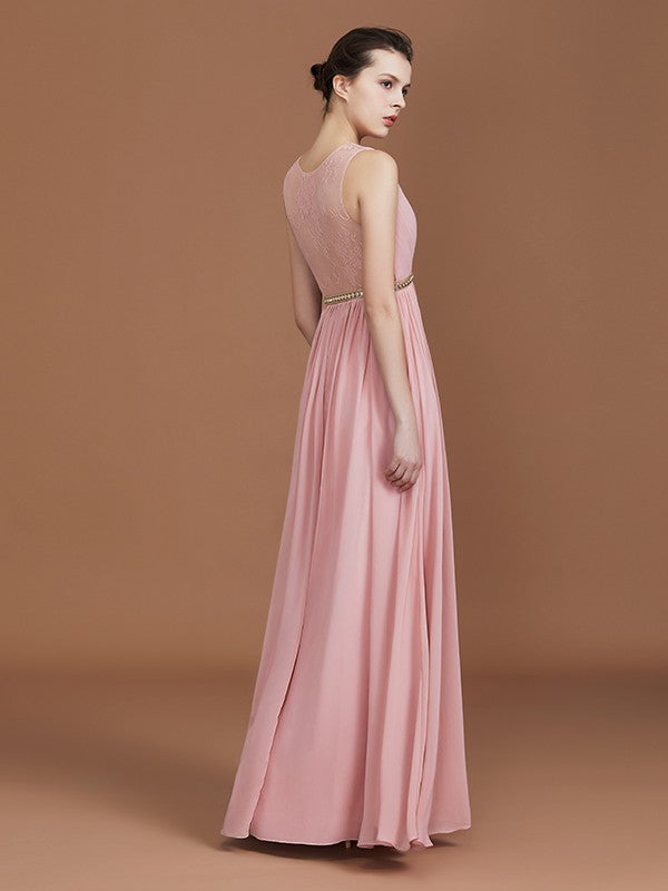 A-Line/Princess Lace Sleeveless Floor-Length Chiffon Ruched V-neck Bridesmaid Dresses Evening Prom Dress