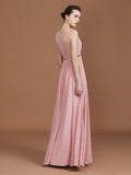 A-Line/Princess Lace Sleeveless Floor-Length Chiffon Ruched V-neck Bridesmaid Dresses Evening Prom Dress
