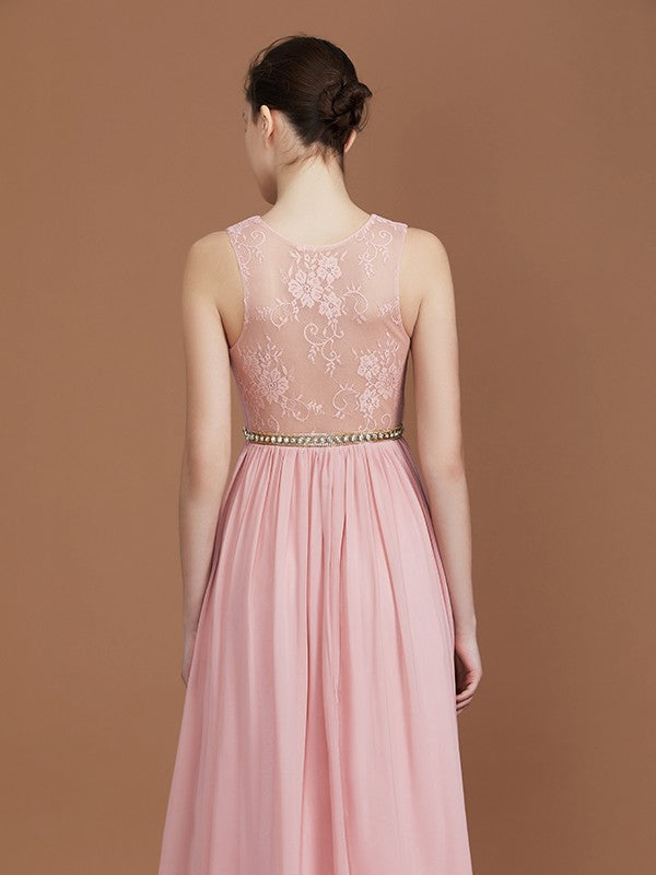 A-Line/Princess Lace Sleeveless Floor-Length Chiffon Ruched V-neck Bridesmaid Dresses Evening Prom Dress