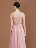 A-Line/Princess Lace Sleeveless Floor-Length Chiffon Ruched V-neck Bridesmaid Dresses Evening Prom Dress