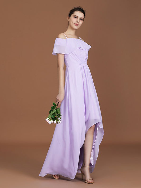 A-Linie/Princess-Linie Asymmetrisch Kurze Ärmel Schulterfrei Geraffte Chiffon Brautjungfernkleider Abendkleid