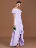 A-Line/Princess Asymmetrical Short Sleeves Off-the-Shoulder Ruched Chiffon Bridesmaid Dresses Evening Prom Dress
