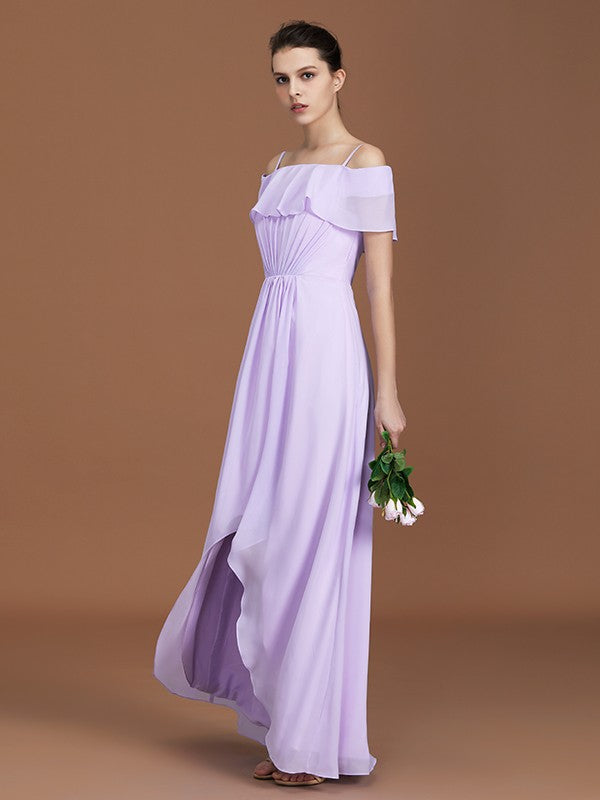 A-Line/Princess Asymmetrical Short Sleeves Off-the-Shoulder Ruched Chiffon Bridesmaid Dresses Evening Prom Dress