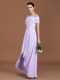 A-Line/Princess Asymmetrical Short Sleeves Off-the-Shoulder Ruched Chiffon Bridesmaid Dresses Evening Prom Dress