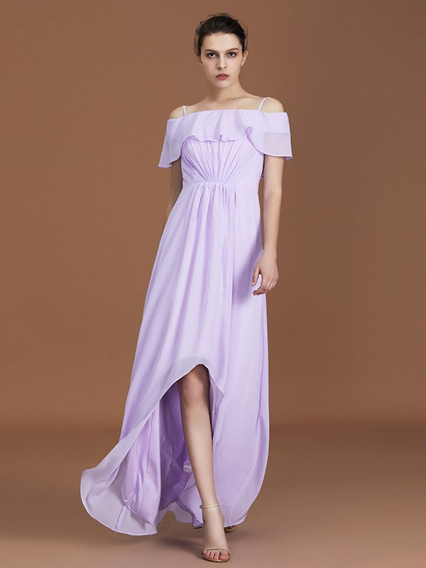 A-Line/Princess Asymmetrical Short Sleeves Off-the-Shoulder Ruched Chiffon Bridesmaid Dresses Evening Prom Dress