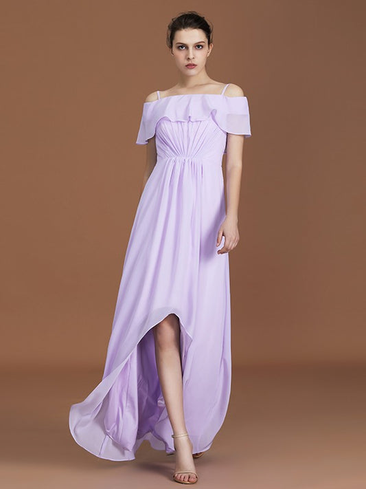 A-Linie/Princess-Linie Asymmetrisch Kurze Ärmel Schulterfrei Geraffte Chiffon Brautjungfernkleider Abendkleid