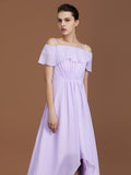 A-Line/Princess Asymmetrical Short Sleeves Off-the-Shoulder Ruched Chiffon Bridesmaid Dresses Evening Prom Dress