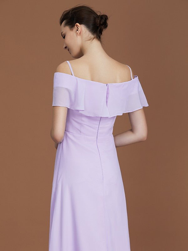 A-Line/Princess Asymmetrical Short Sleeves Off-the-Shoulder Ruched Chiffon Bridesmaid Dresses Evening Prom Dress