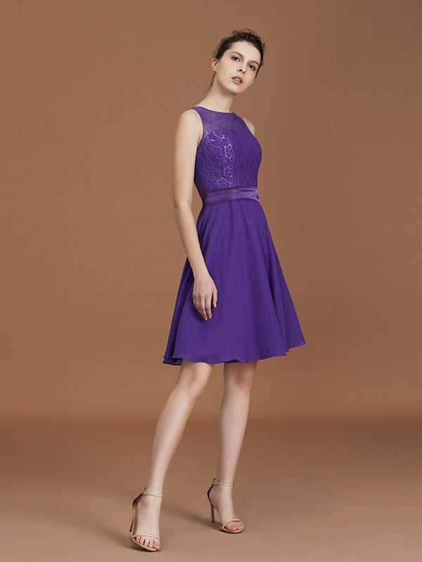 Vestido de dama de honor de gasa con corte A/princesa, de encaje, hasta la rodilla, sin mangas, estilo barco, para invitada de boda y fiesta