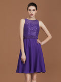Vestido de dama de honor de gasa con corte A/princesa, de encaje, hasta la rodilla, sin mangas, estilo barco, para invitada de boda y fiesta