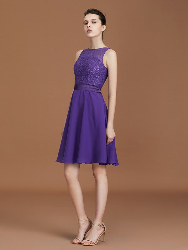 Vestido de dama de honor de gasa con corte A/princesa, de encaje, hasta la rodilla, sin mangas, estilo barco, para invitada de boda y fiesta