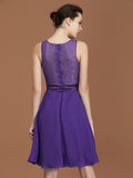 Vestido de dama de honor de gasa con corte A/princesa, de encaje, hasta la rodilla, sin mangas, estilo barco, para invitada de boda y fiesta