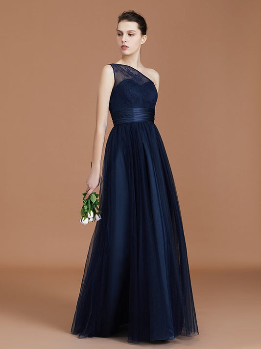 A-line/Princess One-Shoulder Lace Tulle Sleeveless Floor-Length Bridesmaid Dresses Evening Prom Dress