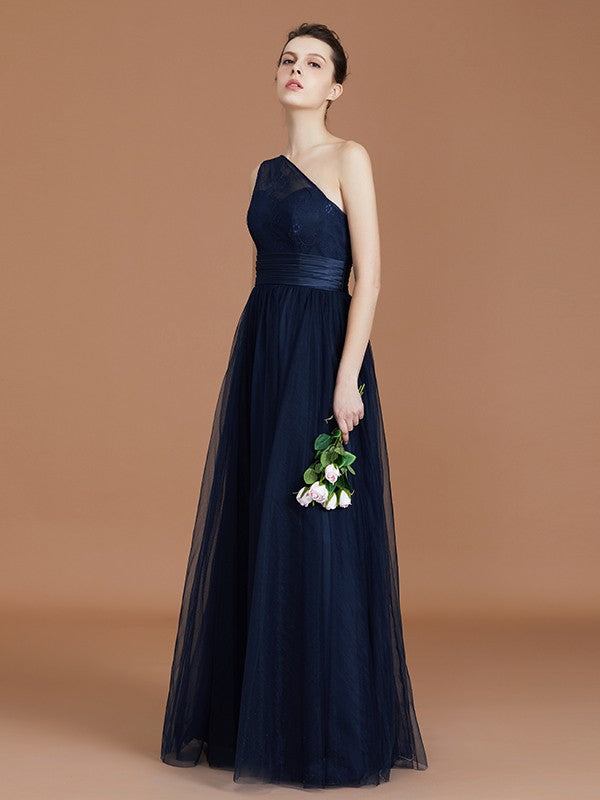 A-line/Princess One-Shoulder Lace Tulle Sleeveless Floor-Length Bridesmaid Dresses Evening Prom Dress