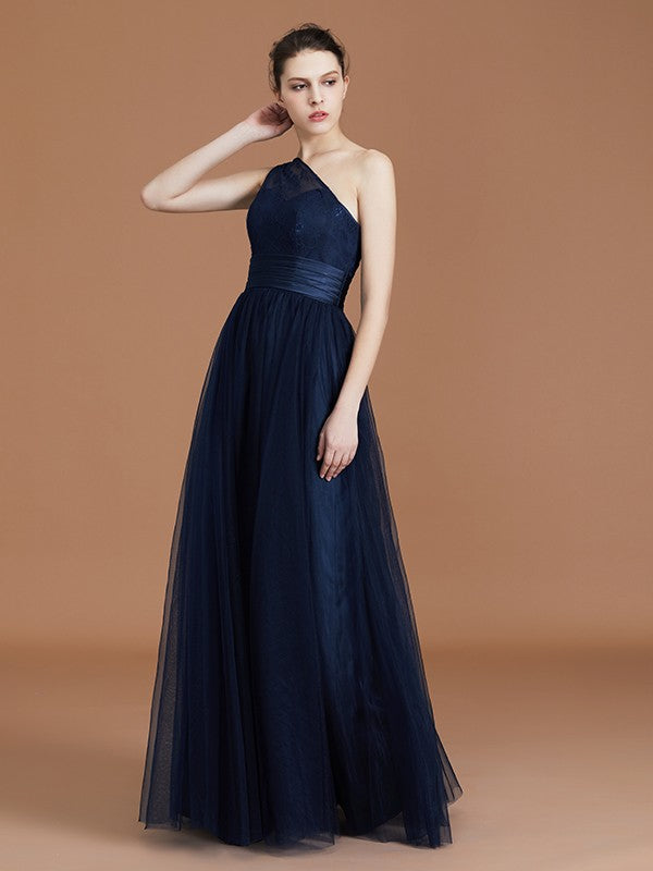 A-line/Princess One-Shoulder Lace Tulle Sleeveless Floor-Length Bridesmaid Dresses Evening Prom Dress