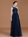 A-line/Princess One-Shoulder Lace Tulle Sleeveless Floor-Length Bridesmaid Dresses Evening Prom Dress