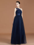 A-line/Princess One-Shoulder Lace Tulle Sleeveless Floor-Length Bridesmaid Dresses Evening Prom Dress