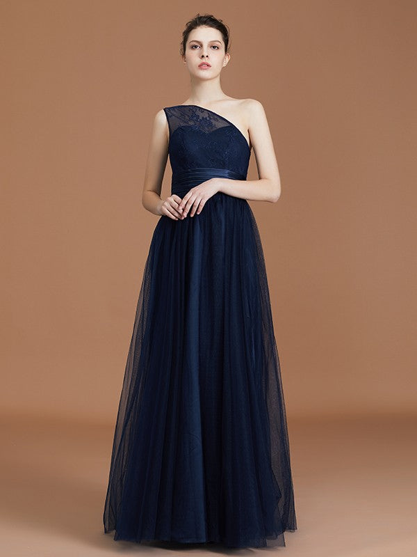 A-line/Princess One-Shoulder Lace Tulle Sleeveless Floor-Length Bridesmaid Dresses Evening Prom Dress