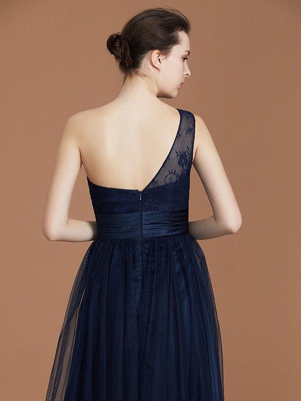 A-line/Princess One-Shoulder Lace Tulle Sleeveless Floor-Length Bridesmaid Dresses Evening Prom Dress