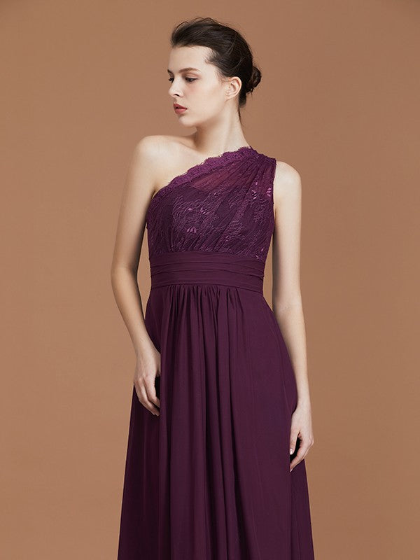 A-line/Princess One-Shoulder Lace Chiffon Sleeveless Floor-Length Bridesmaid Dresses Evening Prom Dress