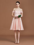 A-Line/Princess Applique Sweetheart Knee-Length Off-the-Shoulder Satin Bridesmaid Dresses Wedding Guest Prom Dress