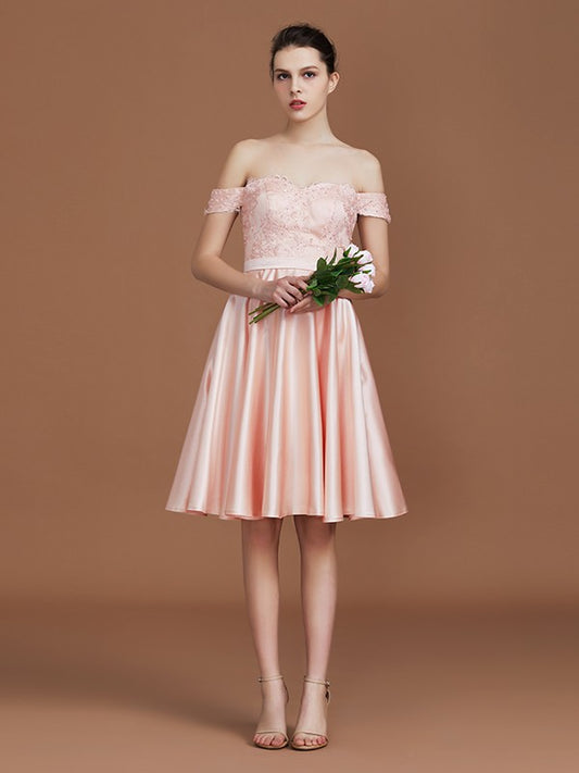 A-Linie/Princess-Linie Applikationen Herzausschnitt Knielang Off-the-Shoulder Satin Brautjungfernkleider Hochzeitsgast Ballkleid