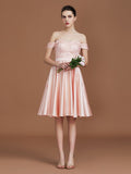 A-Line/Princess Applique Sweetheart Knee-Length Off-the-Shoulder Satin Bridesmaid Dresses Wedding Guest Prom Dress