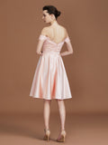A-Line/Princess Applique Sweetheart Knee-Length Off-the-Shoulder Satin Bridesmaid Dresses Wedding Guest Prom Dress