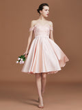 A-Line/Princess Applique Sweetheart Knee-Length Off-the-Shoulder Satin Bridesmaid Dresses Wedding Guest Prom Dress