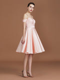 A-Line/Princess Applique Sweetheart Knee-Length Off-the-Shoulder Satin Bridesmaid Dresses Wedding Guest Prom Dress