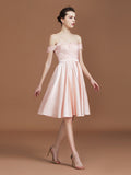 A-Line/Princess Applique Sweetheart Knee-Length Off-the-Shoulder Satin Bridesmaid Dresses Wedding Guest Prom Dress