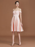 A-Line/Princess Applique Sweetheart Knee-Length Off-the-Shoulder Satin Bridesmaid Dresses Wedding Guest Prom Dress
