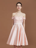A-Line/Princess Applique Sweetheart Knee-Length Off-the-Shoulder Satin Bridesmaid Dresses Wedding Guest Prom Dress