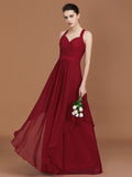 A-Line/Princess Straps Chiffon Ruched Floor-Length Sleeveless Bridesmaid Dresses Evening Prom Dress