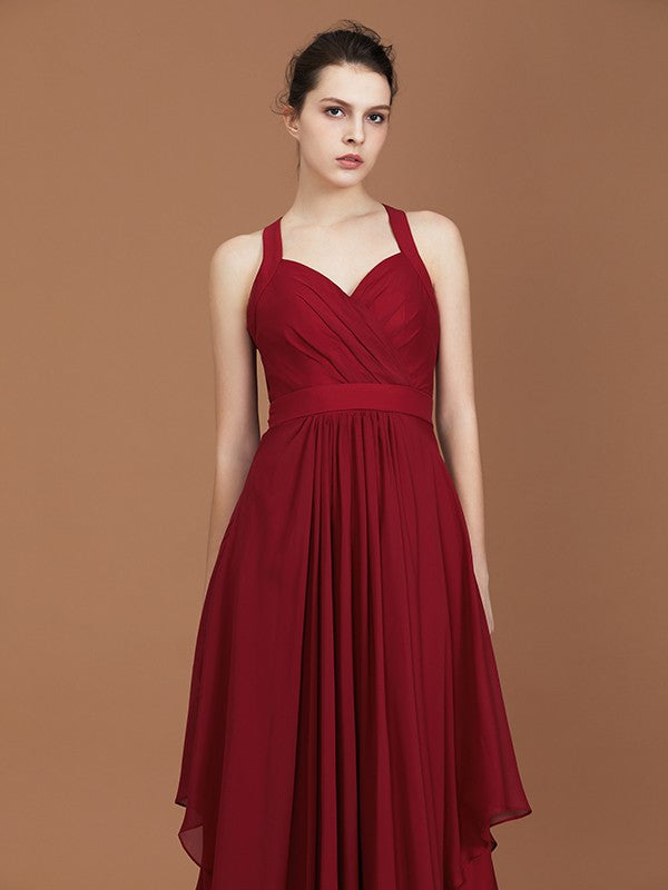 A-Line/Princess Straps Chiffon Ruched Floor-Length Sleeveless Bridesmaid Dresses Evening Prom Dress